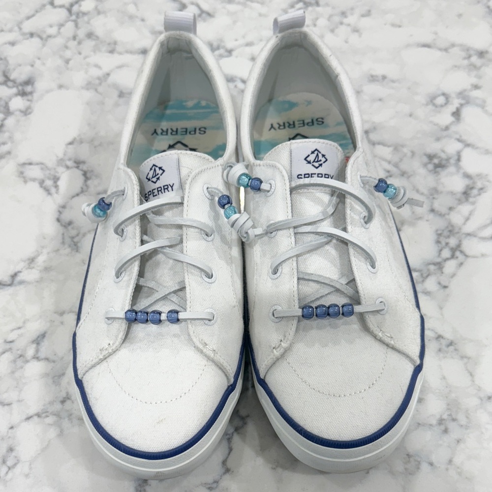 Sperry White and Blue Sneakers women’s size 11/42.5 worn once. Euc